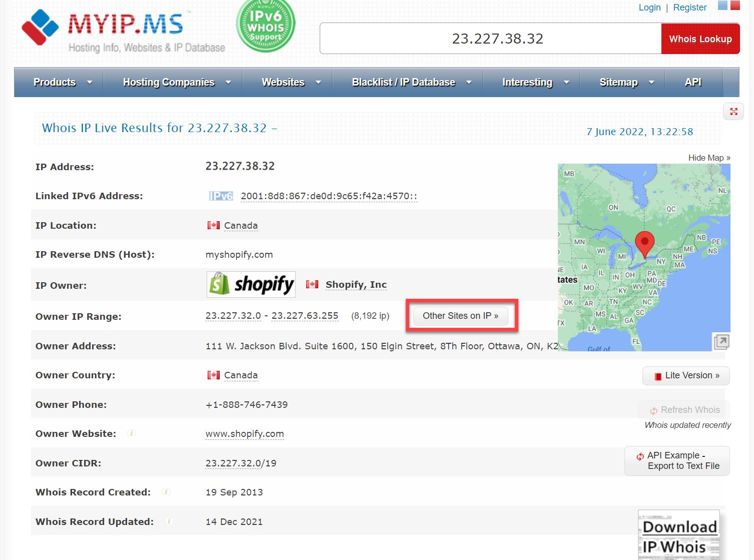 Shopify's customer list on myip.ms